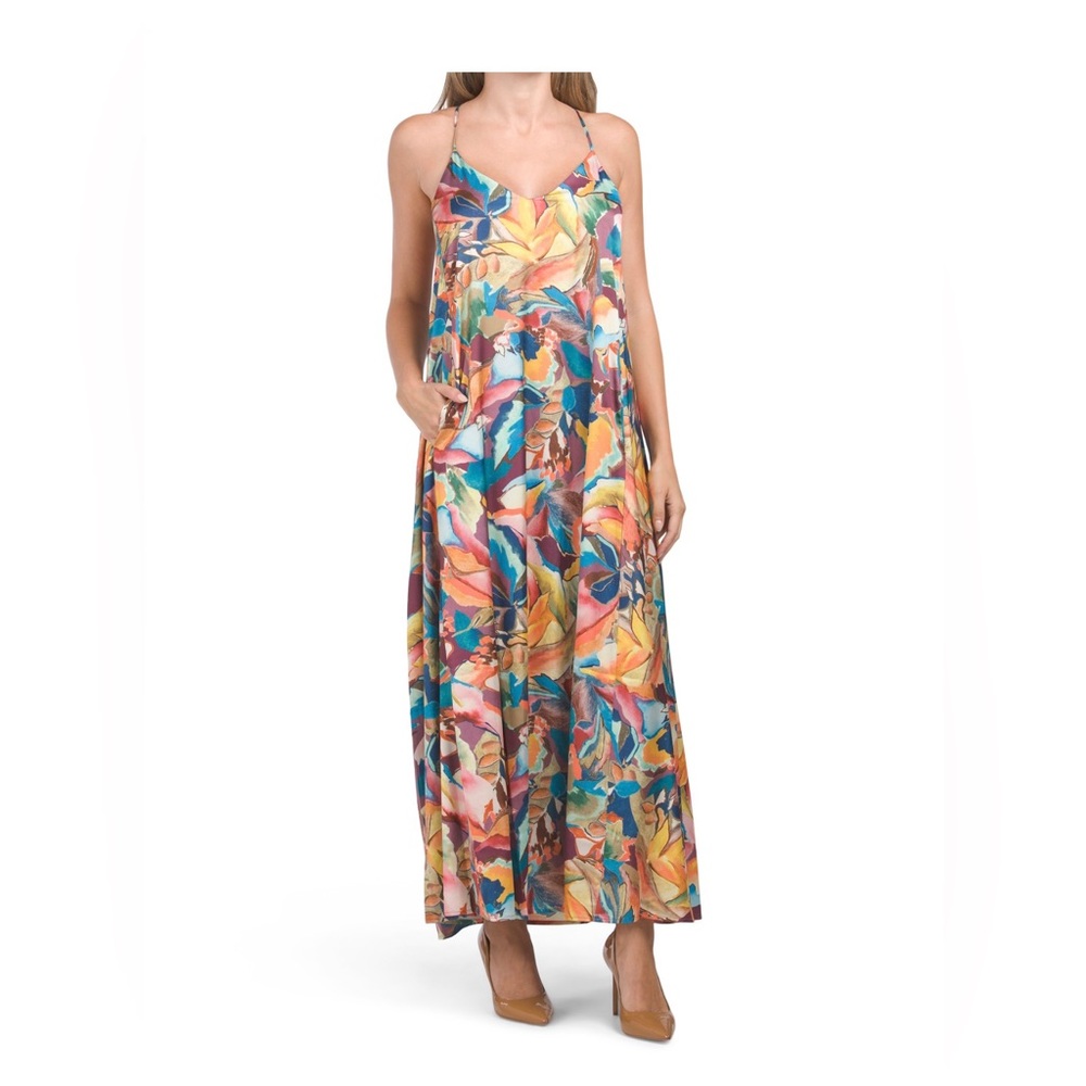 BRAND NEW WITH TAGS NICOLE MILLER NY SATIN ABSTRACT MAXI DRESS W/ pockets. Sz L.